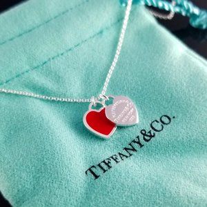 Tiffany Red Mini Double Heart Silver Necklace 17"